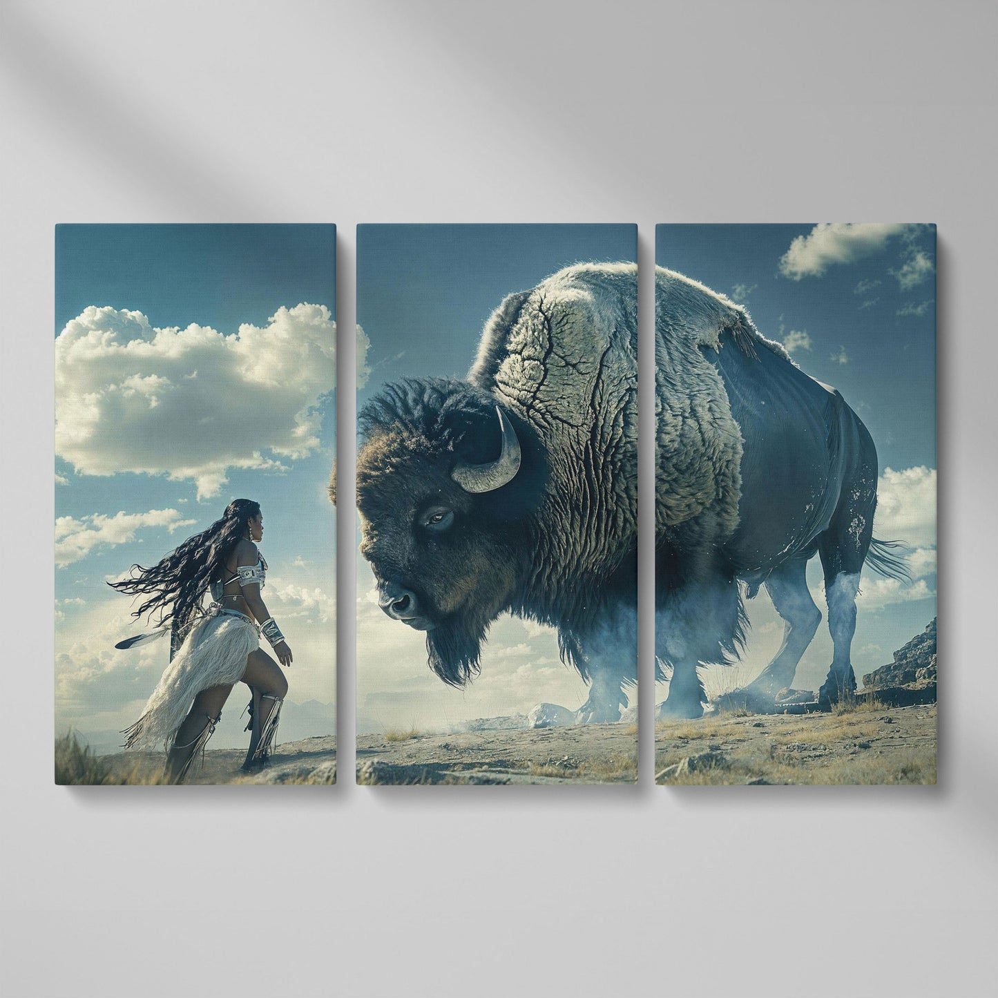 Native American Woman Warrior and Buffalo Canvas as 3-panel split version