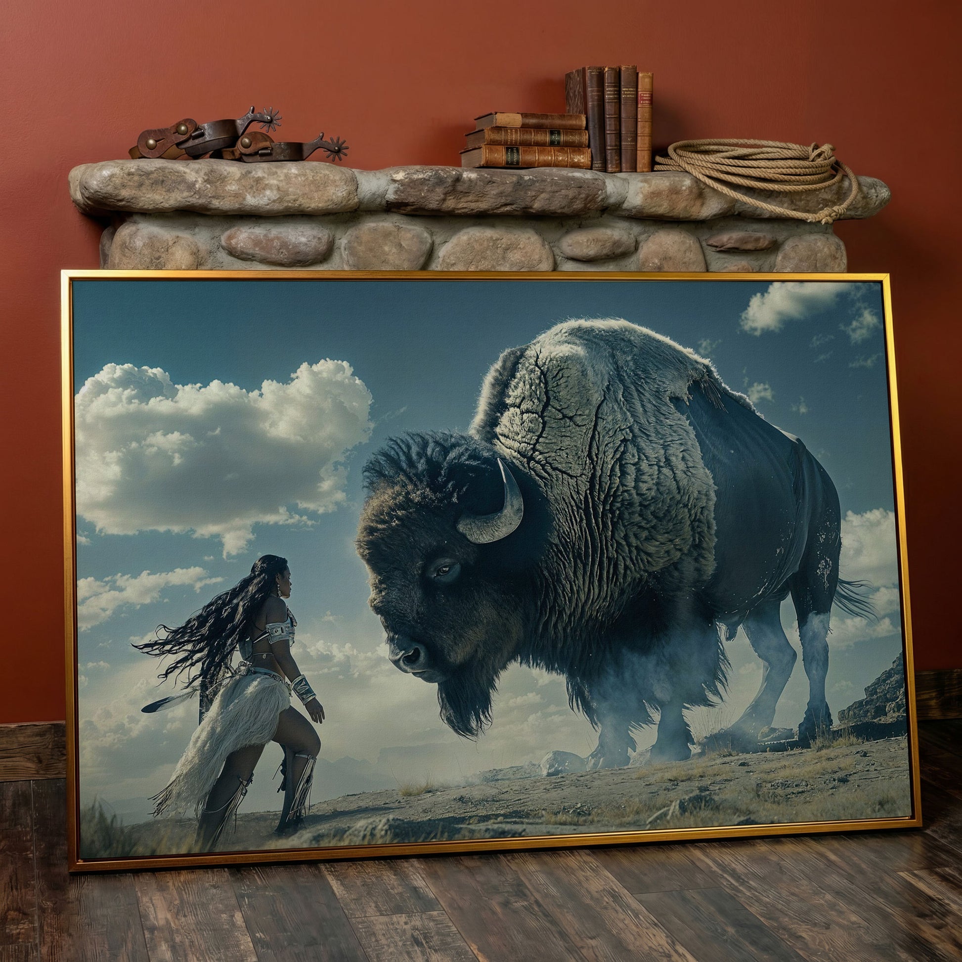 Native American Woman Warrior and Buffalo Canvas in antique gold floating frame