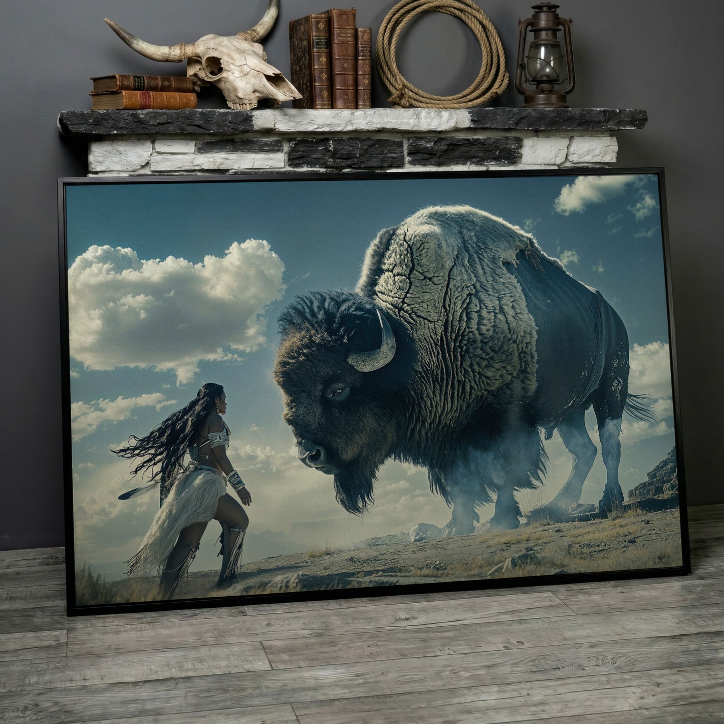 Native American Woman Warrior and Buffalo Canvas in black floating frame