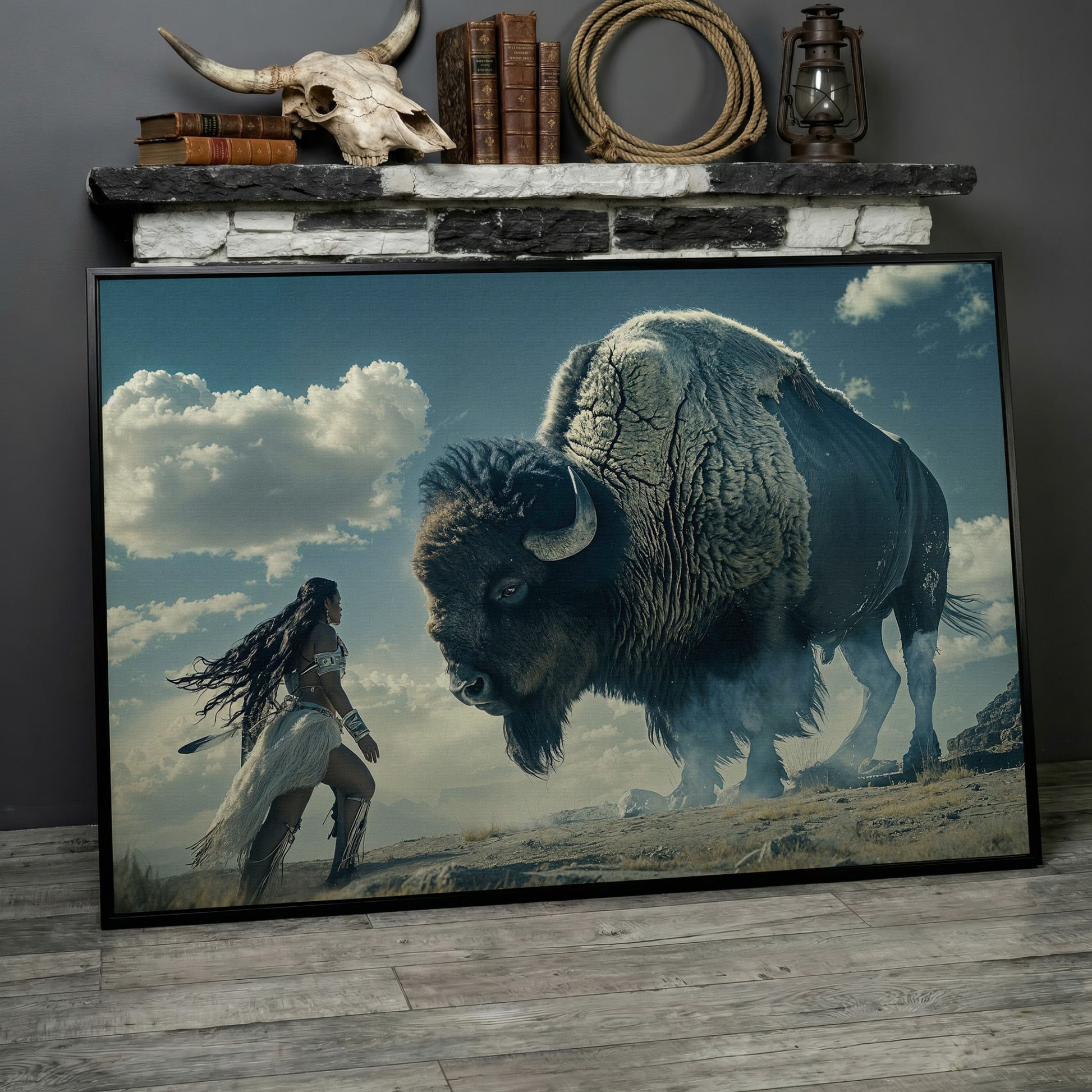 Native American Woman Warrior and Buffalo Canvas in black floating frame