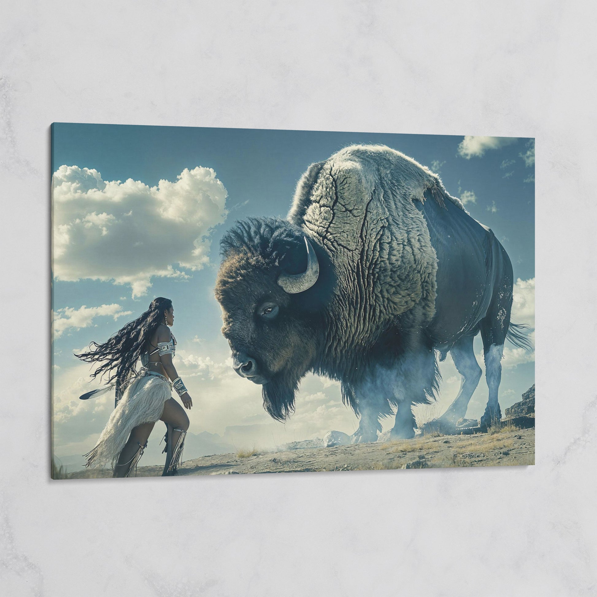Native American Woman Warrior and Buffalo Canvas on gallery wrap