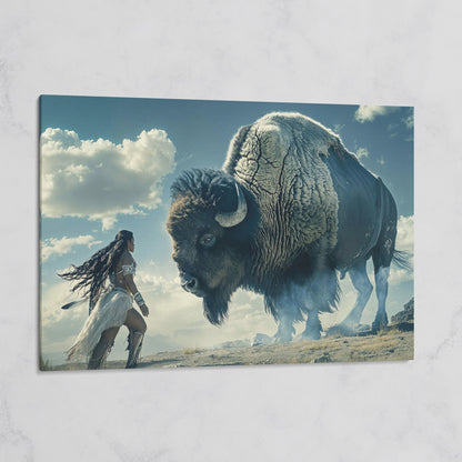 Native American Woman Warrior and Buffalo Canvas on gallery wrap