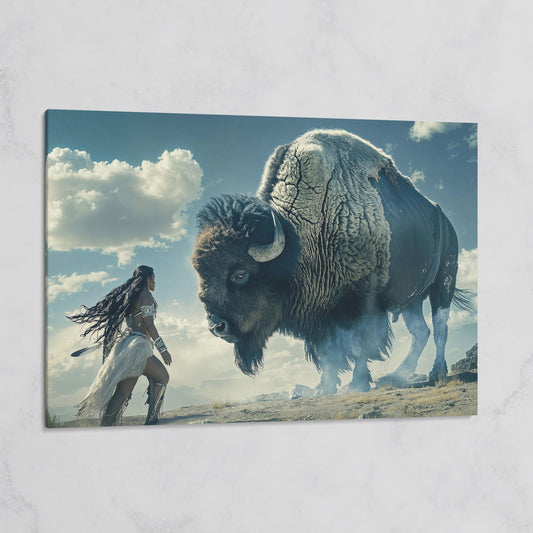 Native American Woman Warrior and Buffalo Canvas on gallery wrap