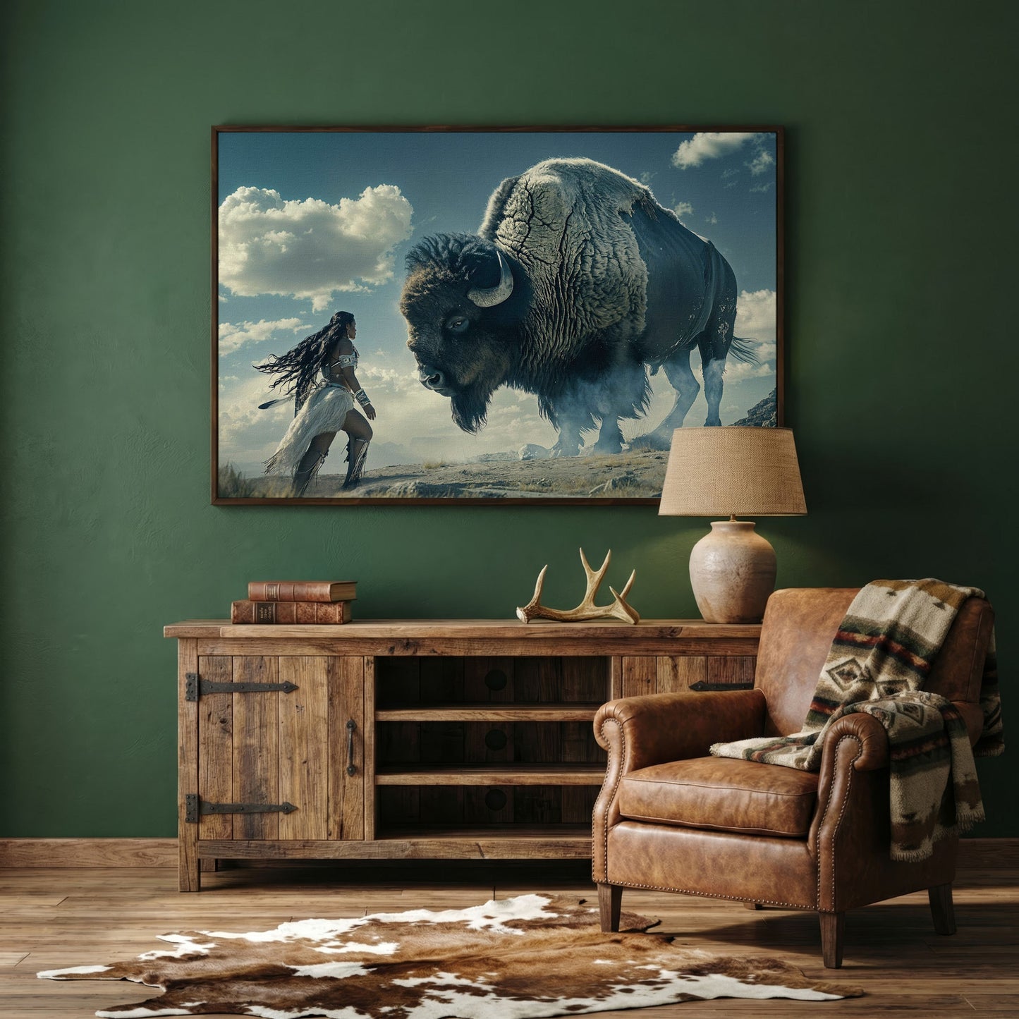 Native American Woman Warrior and Buffalo Canvas in dark walnut floating frame