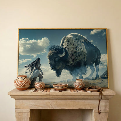 Native American Woman Warrior and Buffalo Canvas in white oak floating frame