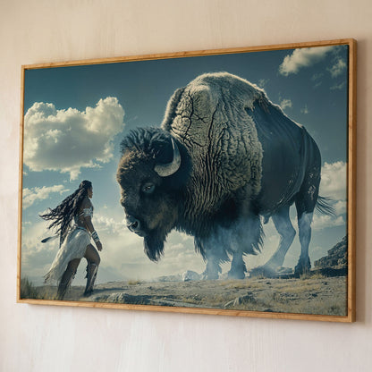 Native American Woman Warrior and Buffalo Canvas shown in white oak floating frame