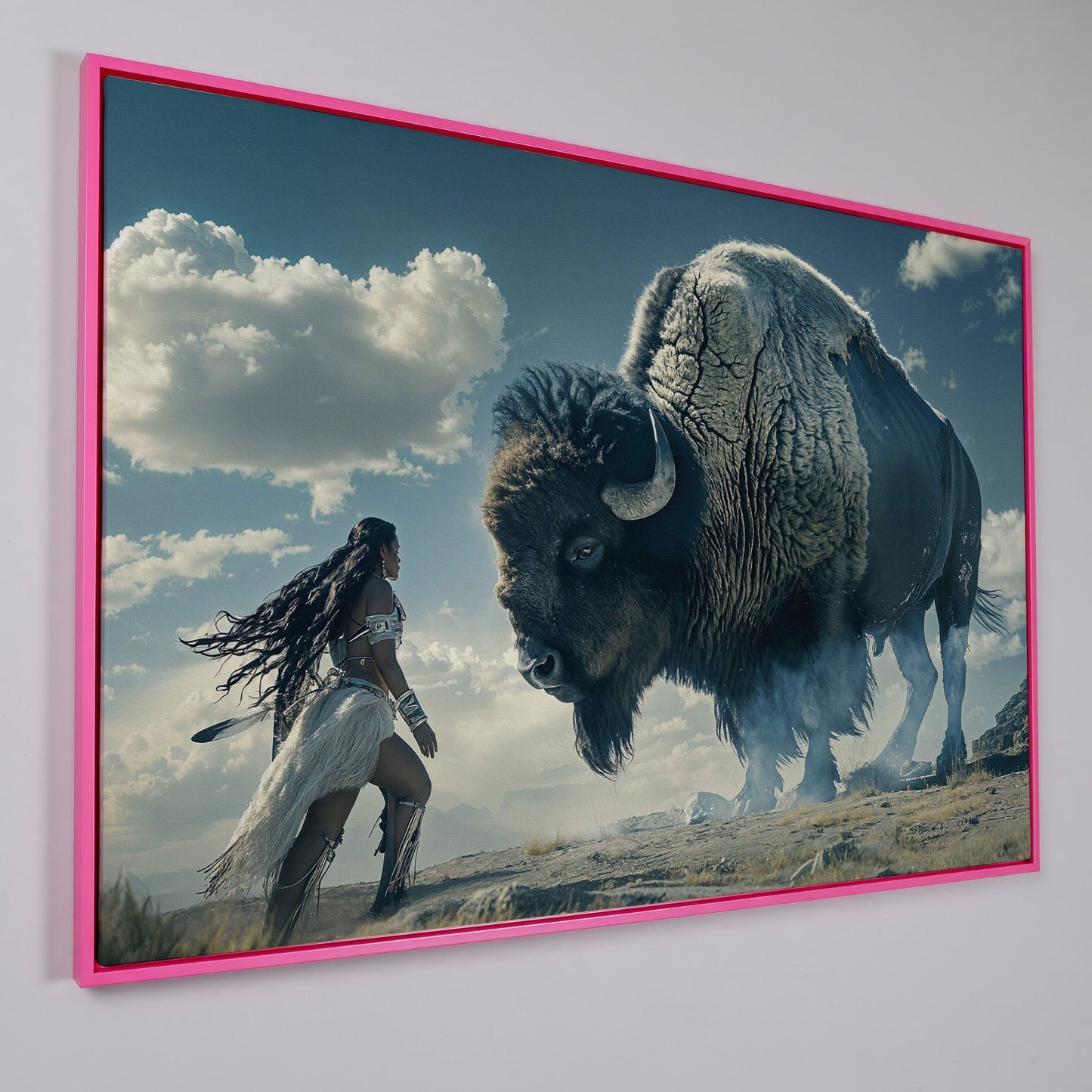 Native American Woman Warrior and Buffalo Canvas in pink floating frame