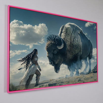 Native American Woman Warrior and Buffalo Canvas in pink floating frame