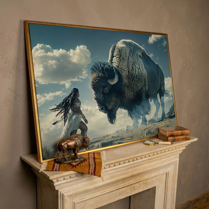 Native American Woman Warrior and Buffalo Canvas in rose gold floating frame