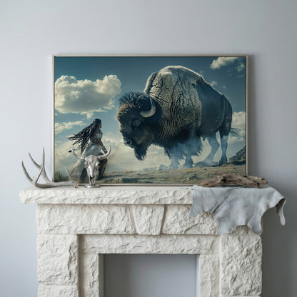 Native American Woman Warrior and Buffalo Canvas in silver floating frame