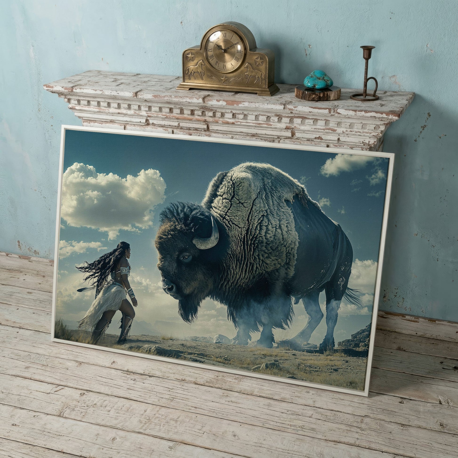 Native American Woman Warrior and Buffalo Canvas in white floating frame