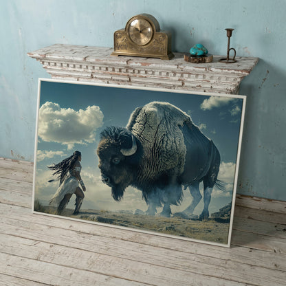 Native American Woman Warrior and Buffalo Canvas in white floating frame