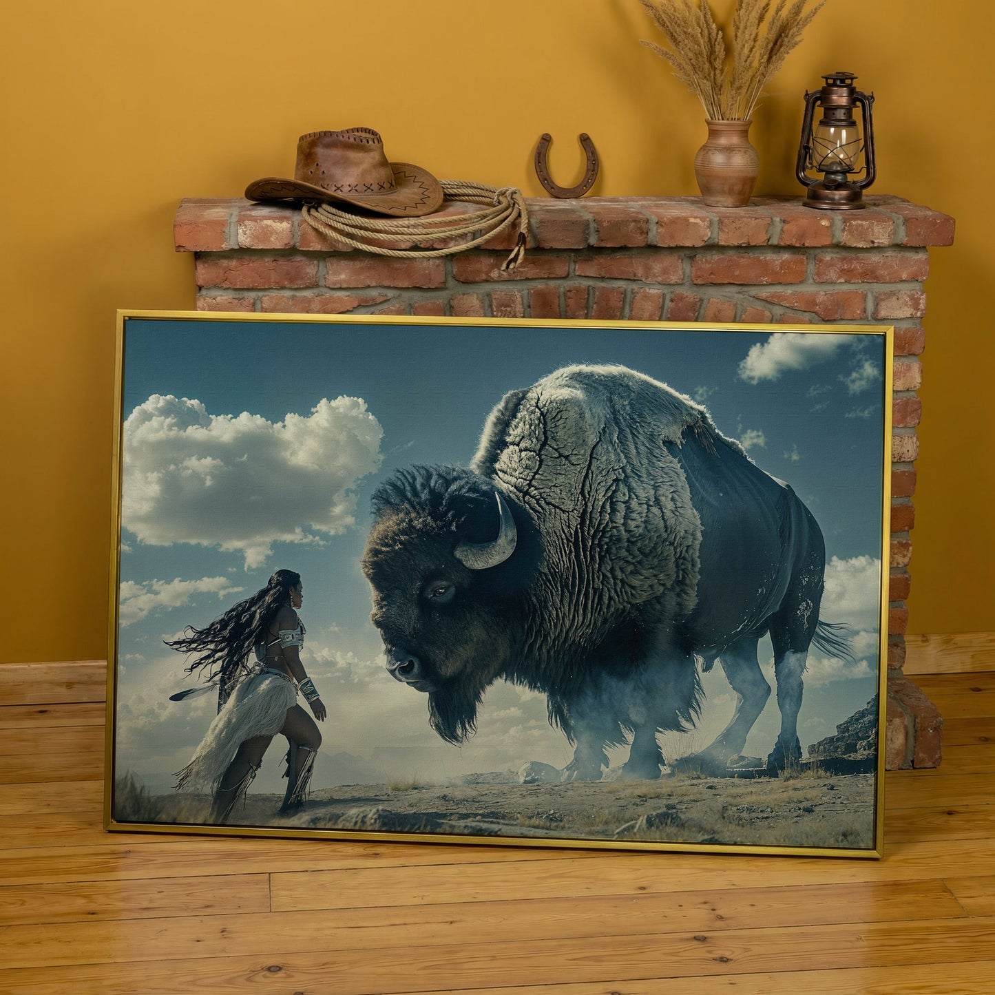 Native American Woman Warrior and Buffalo Canvas in yellow gold floating frame