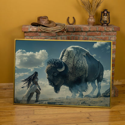 Native American Woman Warrior and Buffalo Canvas in yellow gold floating frame