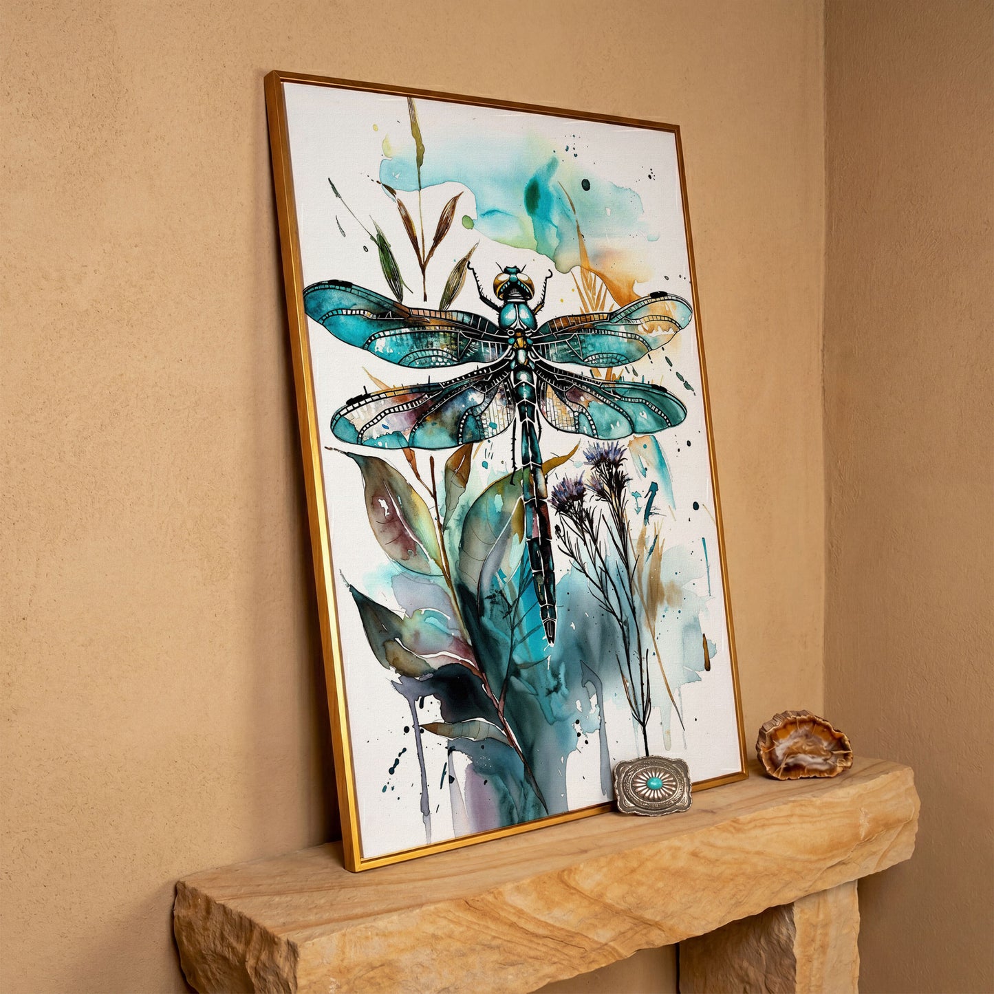 Abstract Dragonfly Watercolor Canvas Print in antique gold floating frame