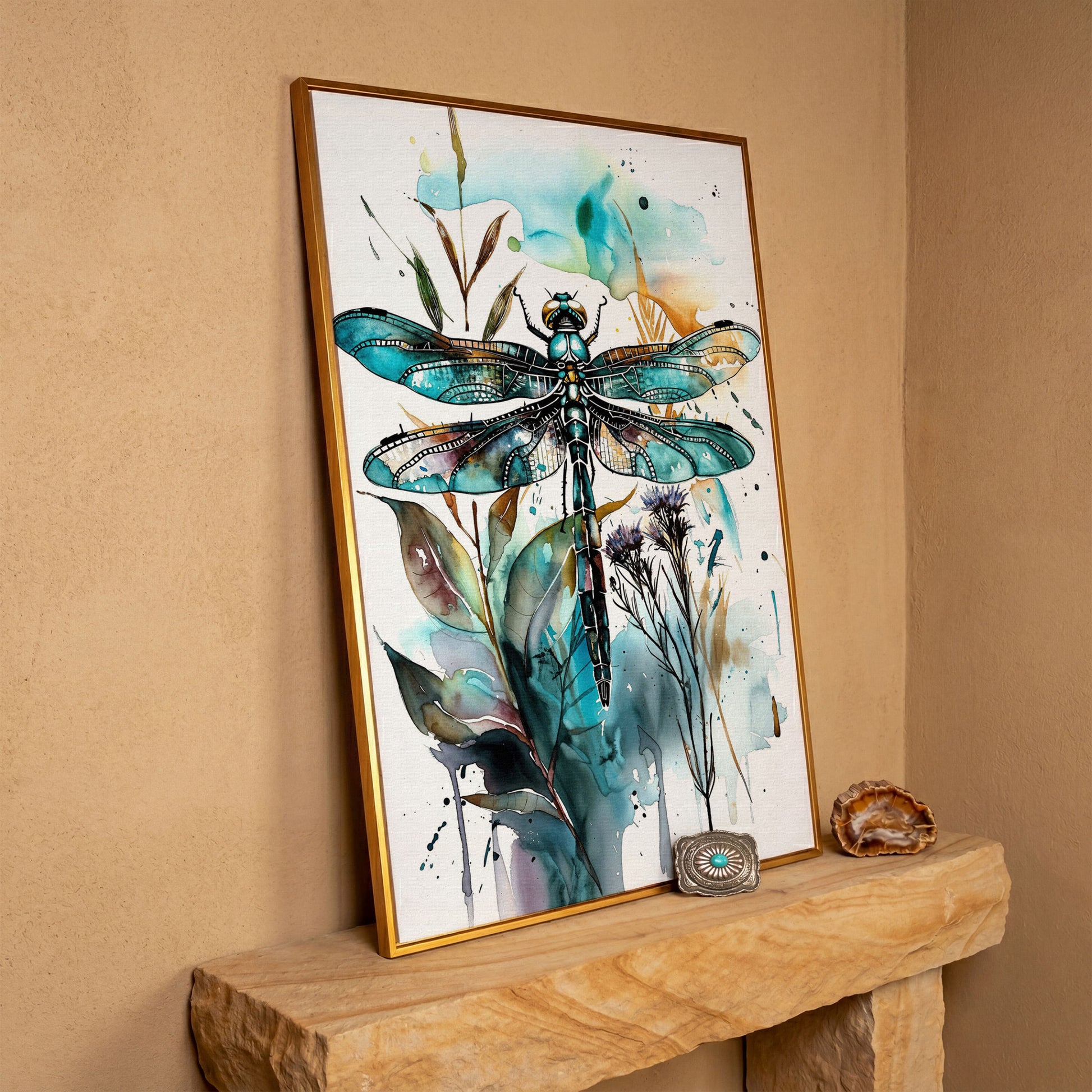 Abstract Dragonfly Watercolor Canvas Print in antique gold floating frame