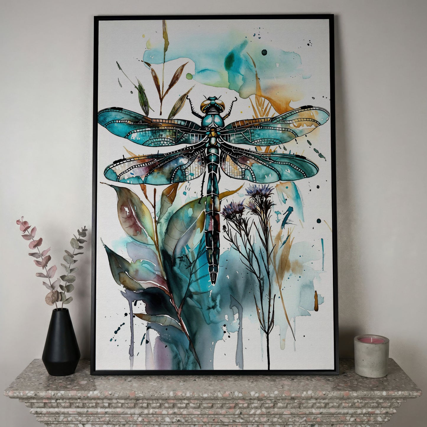 Abstract Dragonfly Watercolor Canvas Print in black floating frame