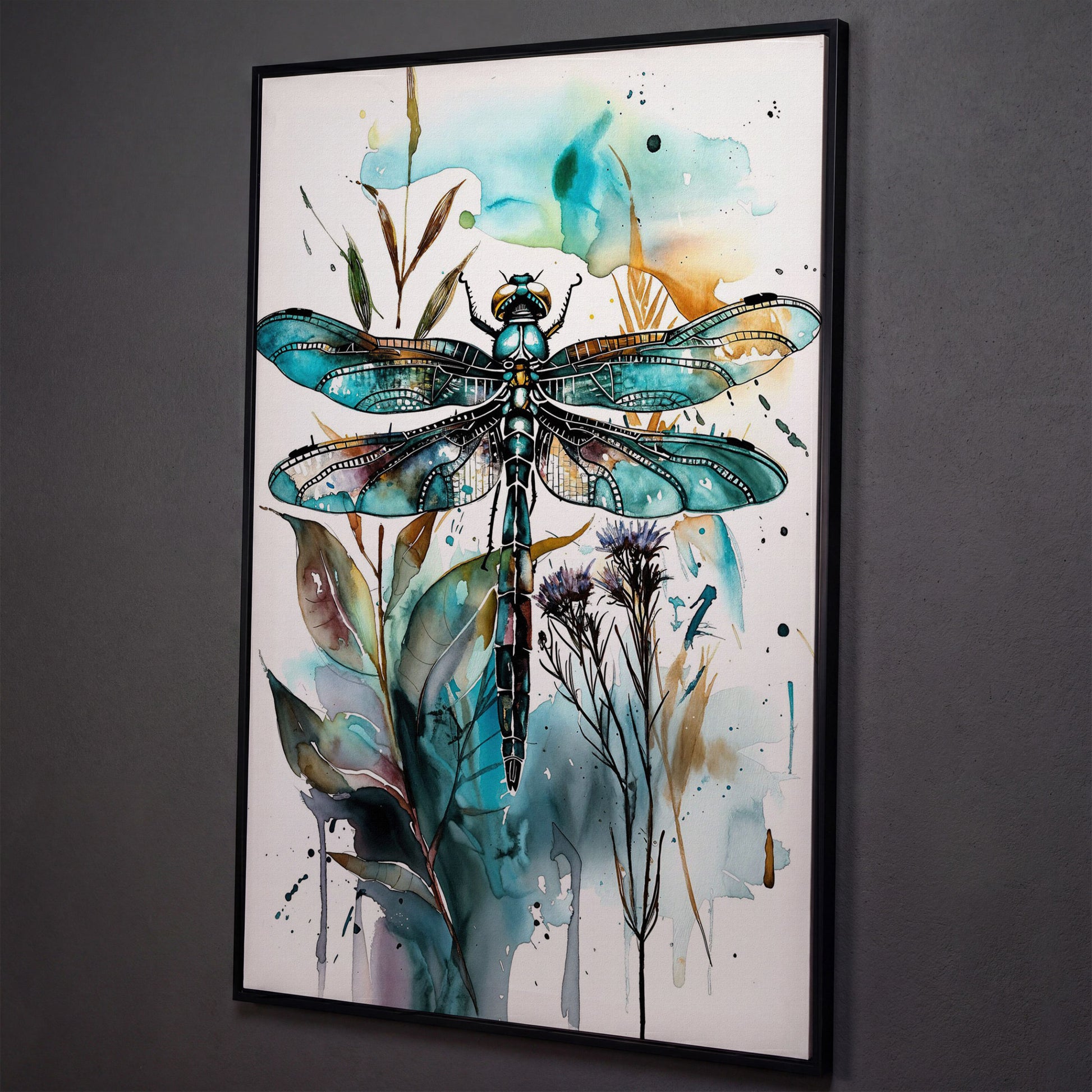 Abstract Dragonfly Watercolor Canvas Print shown in black floating frame