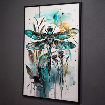 Abstract Dragonfly Watercolor Canvas Print shown in black floating frame