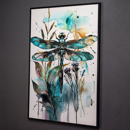 Abstract Dragonfly Watercolor Canvas Print shown in black floating frame