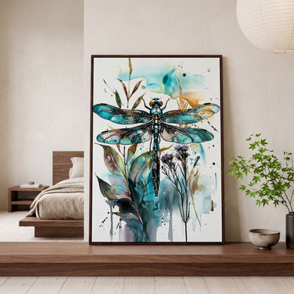 Abstract Dragonfly Watercolor Canvas Print in dark walnut floating frame