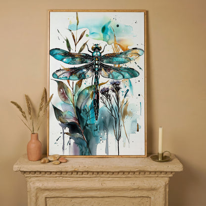 Abstract Dragonfly Watercolor Canvas Print in white oak floating frame