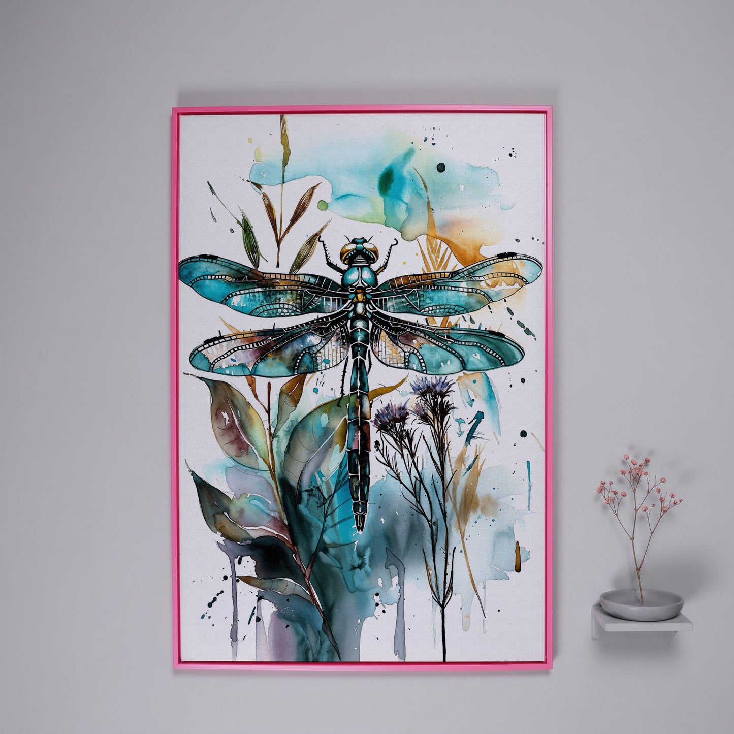Abstract Dragonfly Watercolor Canvas Print in pink floating frame