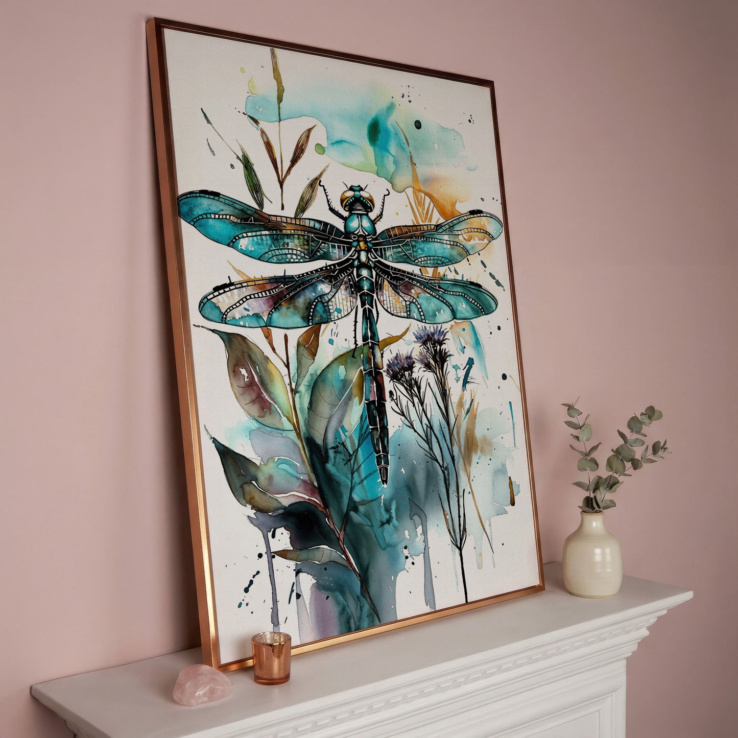 Abstract Dragonfly Watercolor Canvas Print in rose gold floating frame