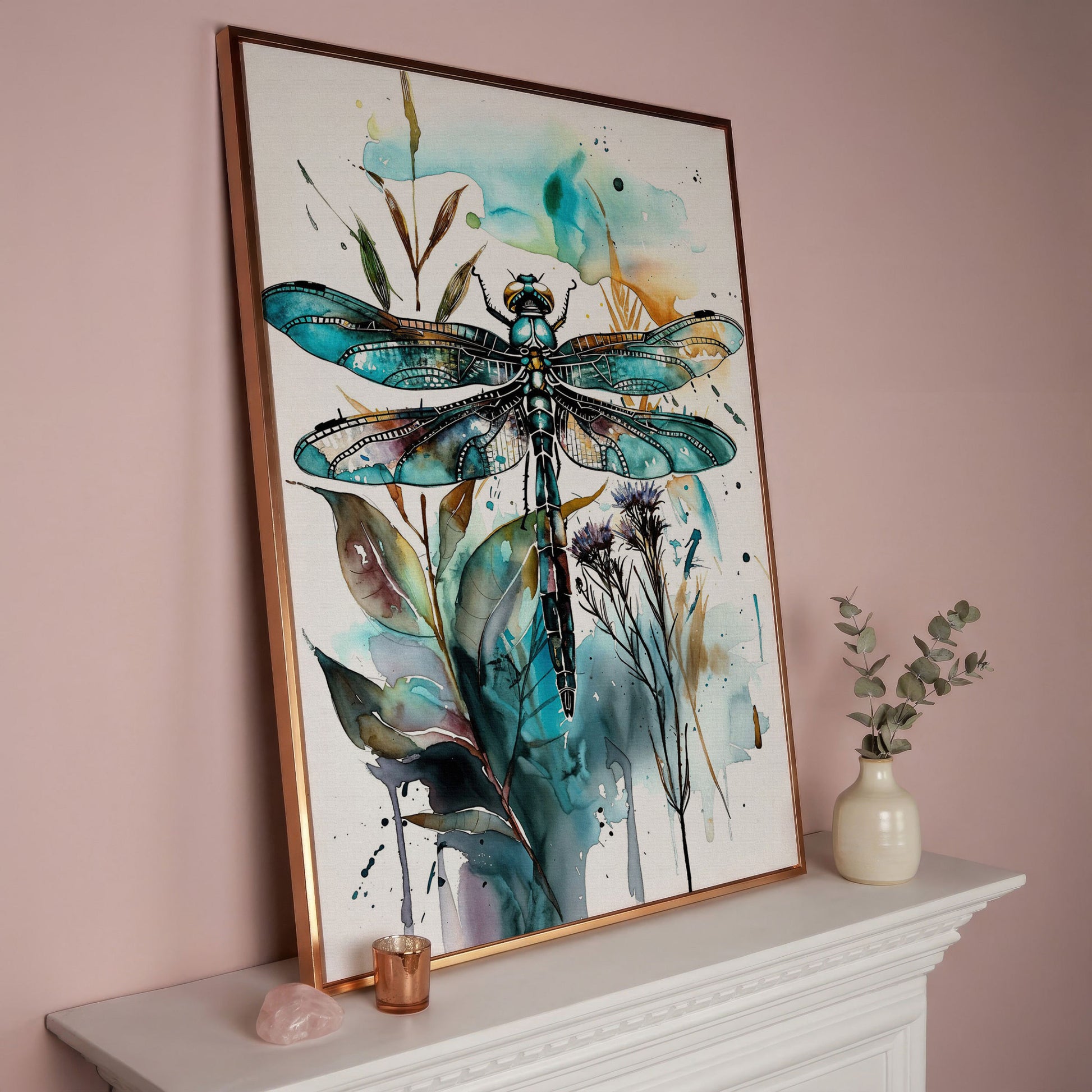 Abstract Dragonfly Watercolor Canvas Print in rose gold floating frame