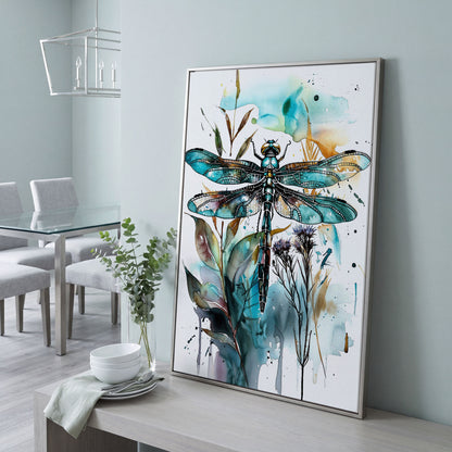 Abstract Dragonfly Watercolor Canvas Print in silver floating frame