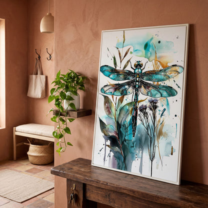 Abstract Dragonfly Watercolor Canvas Print in white floating frame