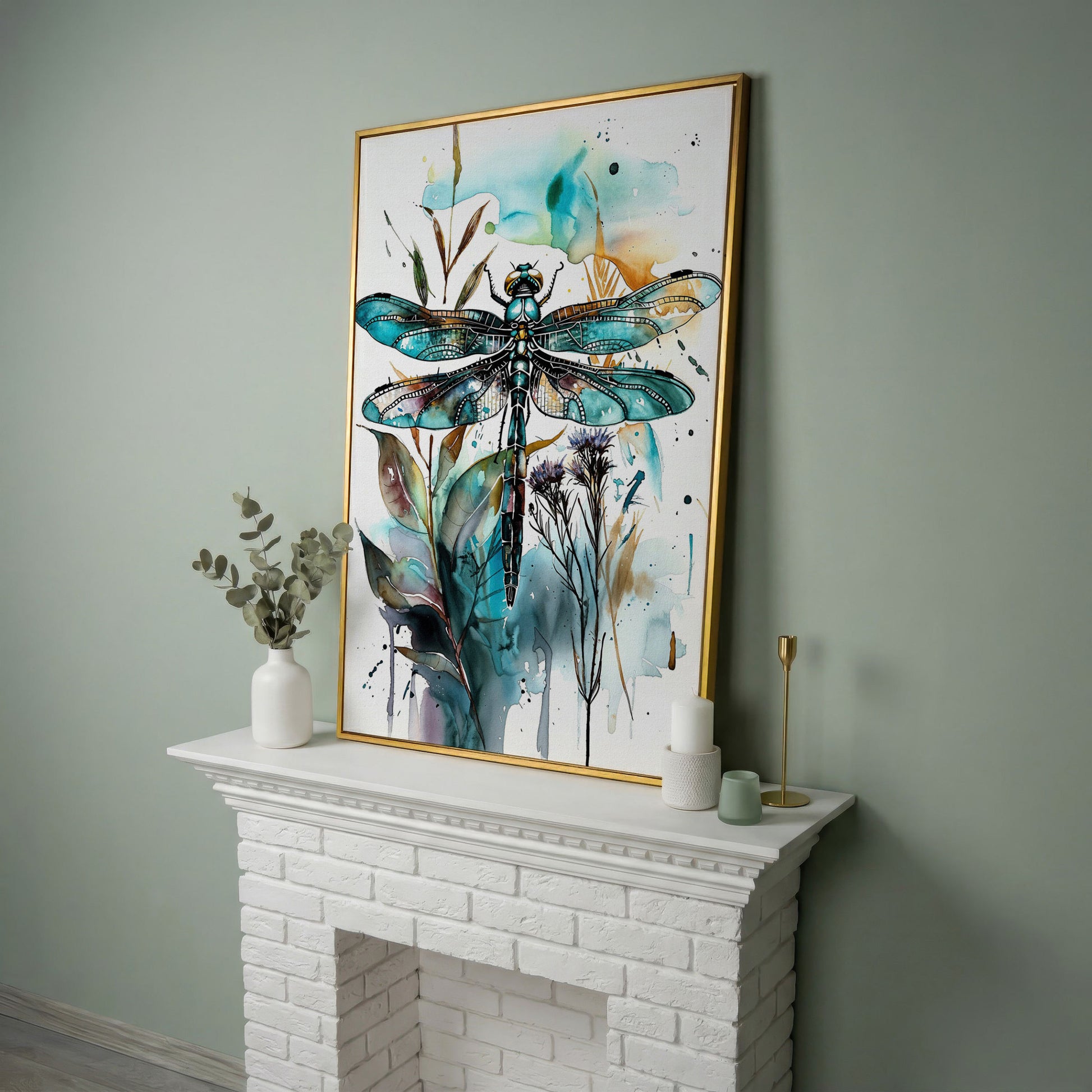 Abstract Dragonfly Watercolor Canvas Print in yellow gold floating frame
