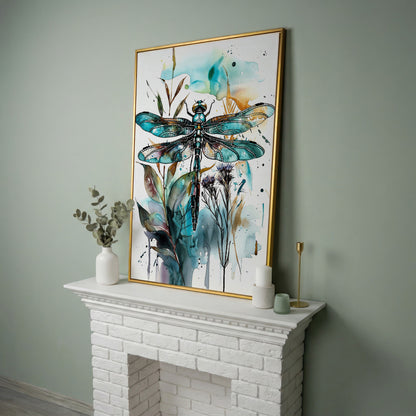 Abstract Dragonfly Watercolor Canvas Print in yellow gold floating frame