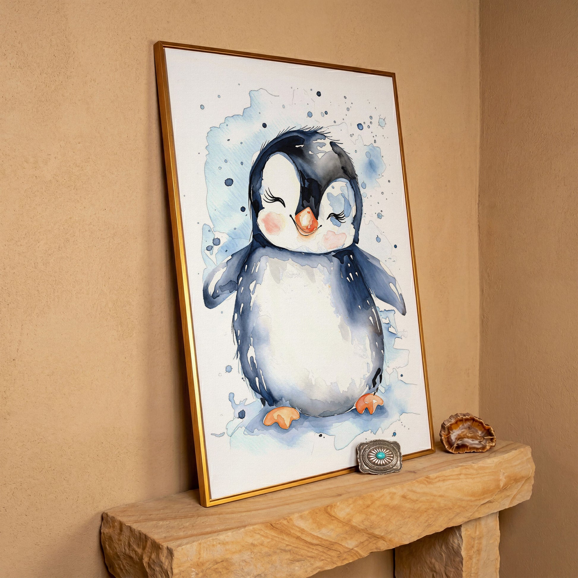 Baby Penguin Watercolor Canvas for Nursery in antique gold floating frame