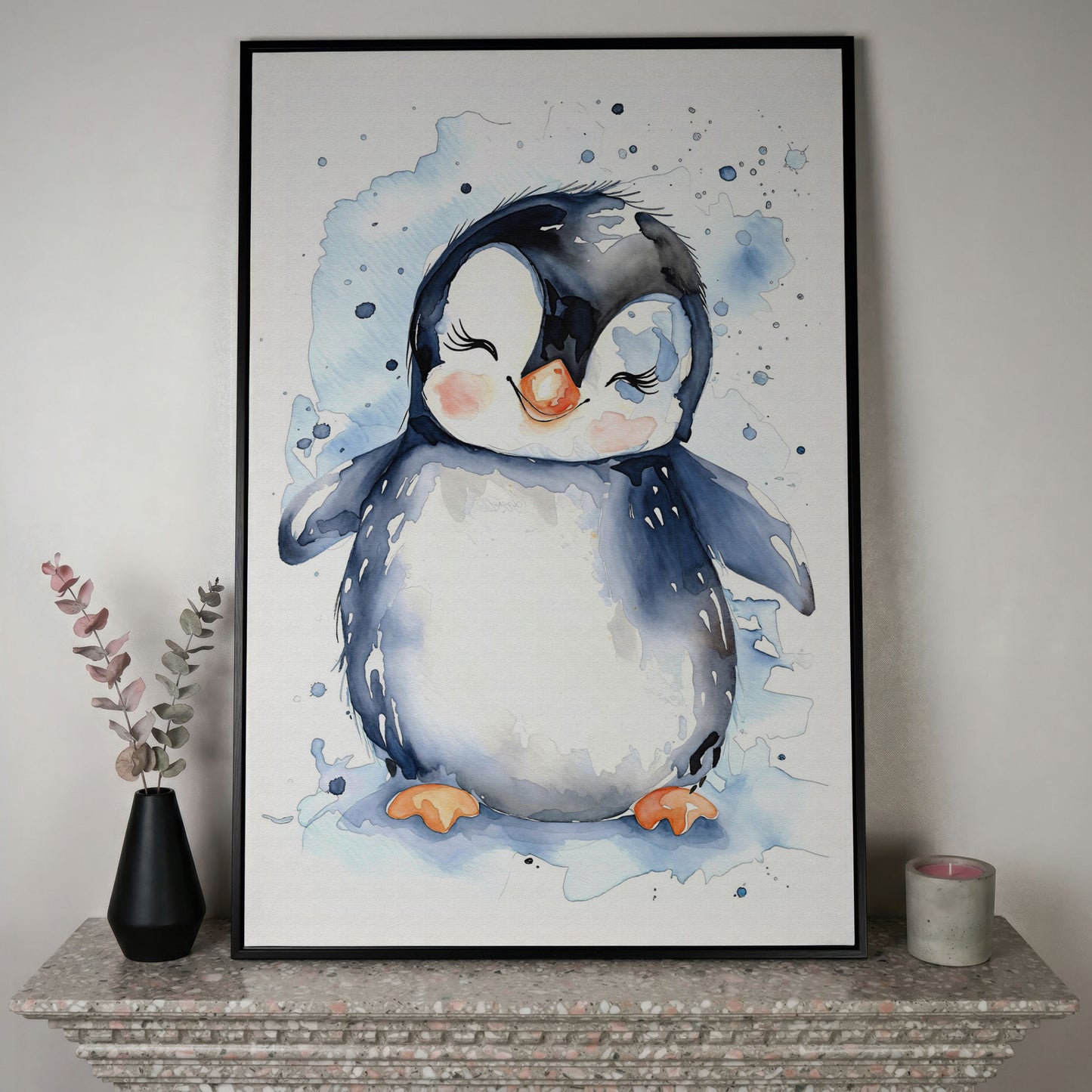 Baby Penguin Watercolor Canvas for Nursery in black floating frame