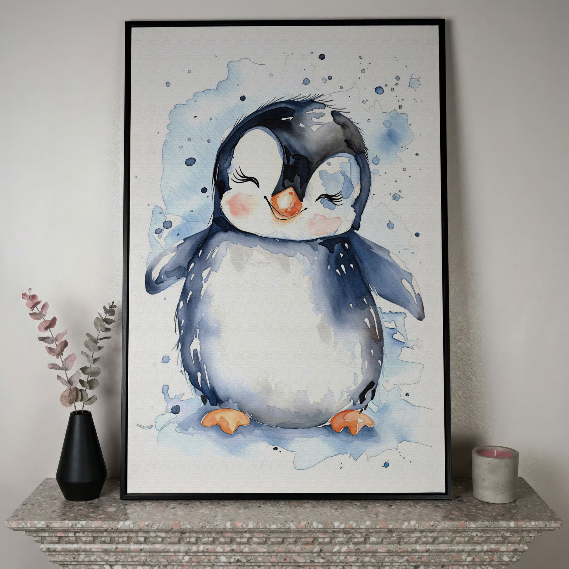 Baby Penguin Watercolor Canvas for Nursery in black floating frame