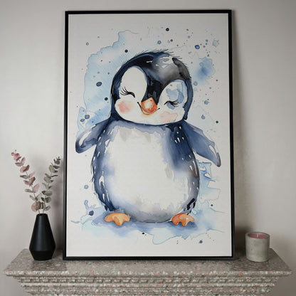 Baby Penguin Watercolor Canvas for Nursery in black floating frame