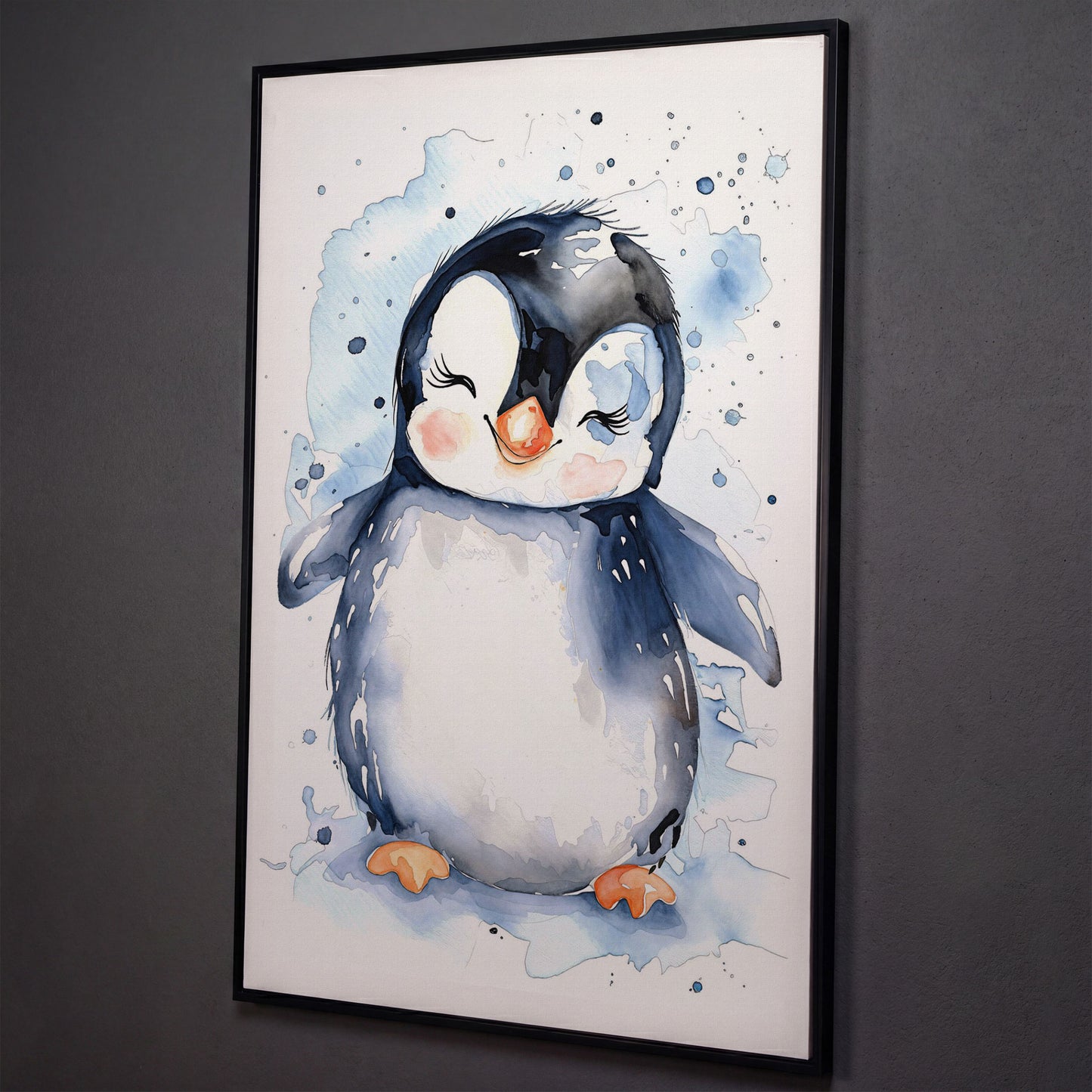 Baby Penguin Watercolor Canvas for Nursery shown in black floating frame