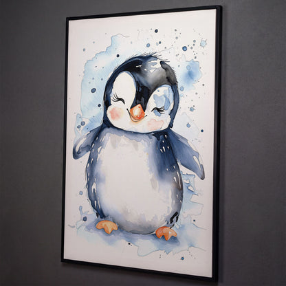 Baby Penguin Watercolor Canvas for Nursery shown in black floating frame