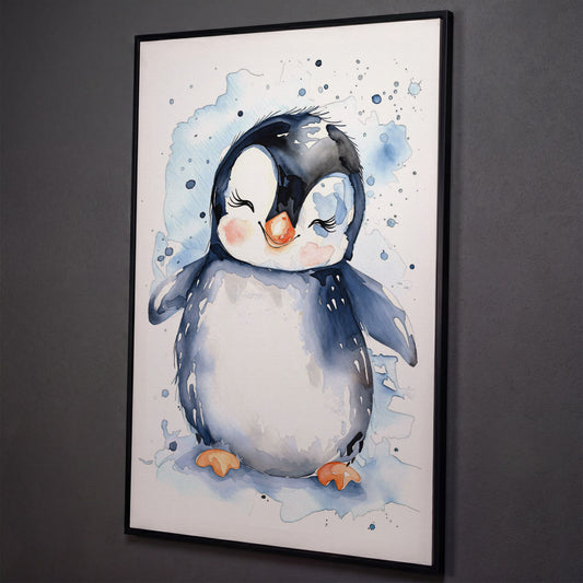 Baby Penguin Watercolor Canvas for Nursery shown in black floating frame