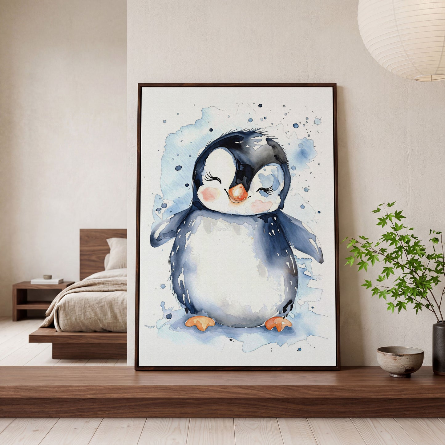 Baby Penguin Watercolor Canvas for Nursery in dark walnut floating frame