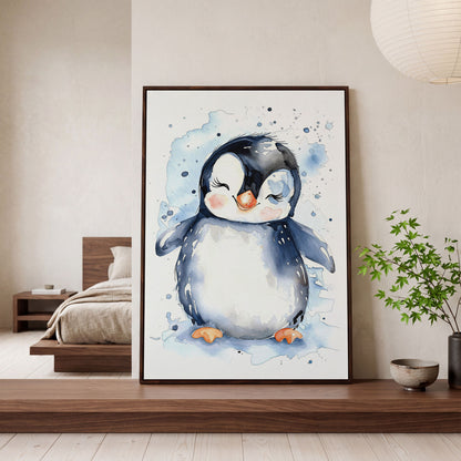 Baby Penguin Watercolor Canvas for Nursery in dark walnut floating frame