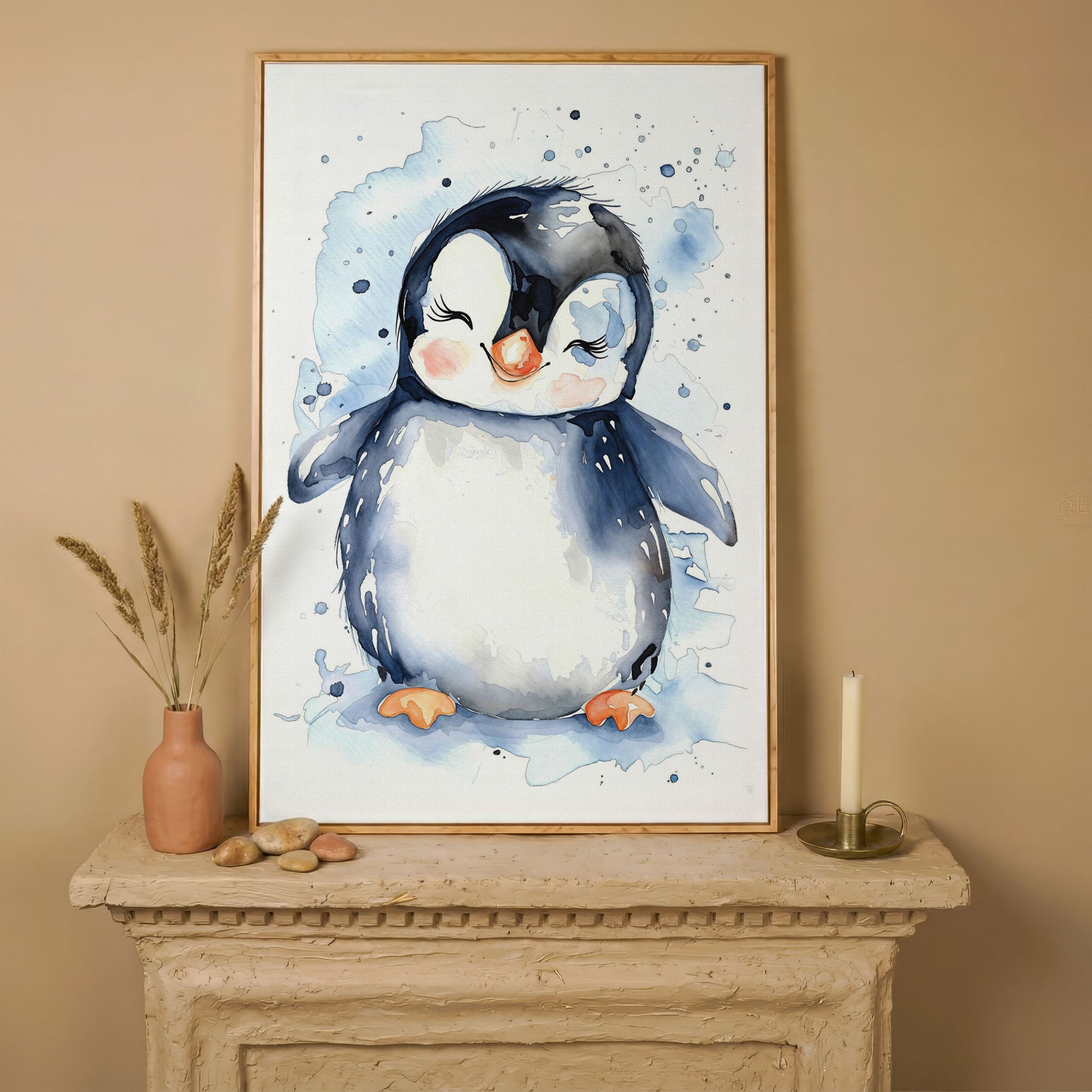 Baby Penguin Watercolor Canvas for Nursery in white oak floating frame