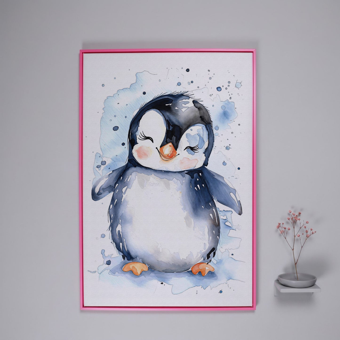 Baby Penguin Watercolor Canvas for Nursery in pink floating frame