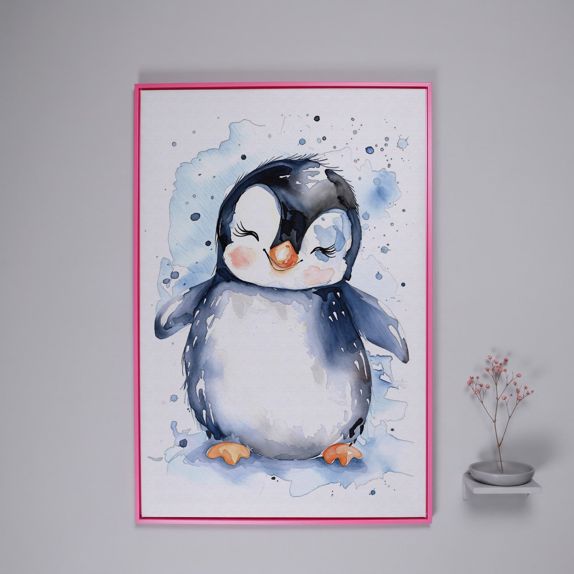 Baby Penguin Watercolor Canvas for Nursery in pink floating frame