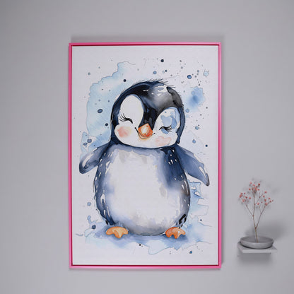 Baby Penguin Watercolor Canvas for Nursery in pink floating frame