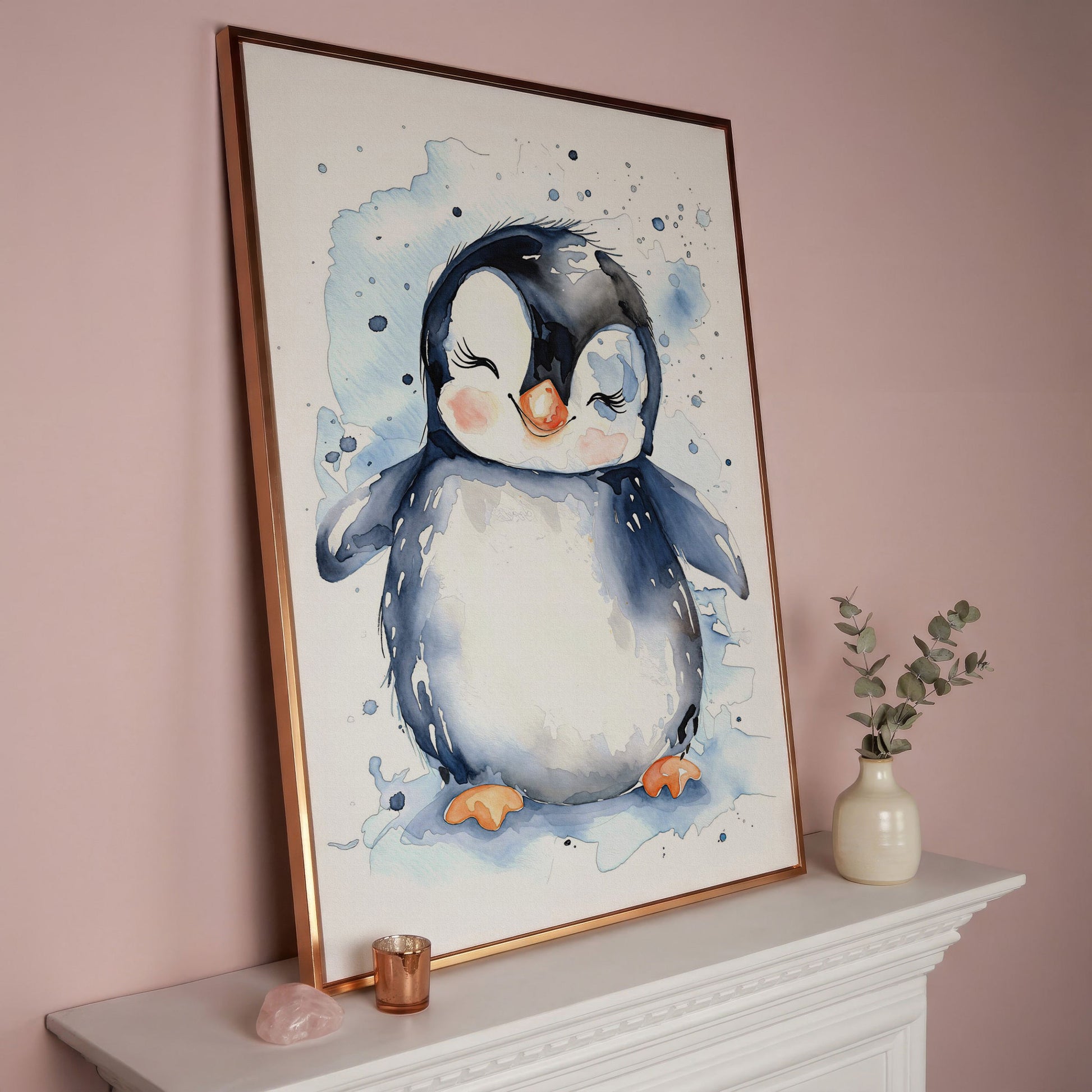 Baby Penguin Watercolor Canvas for Nursery in rose gold floating frame