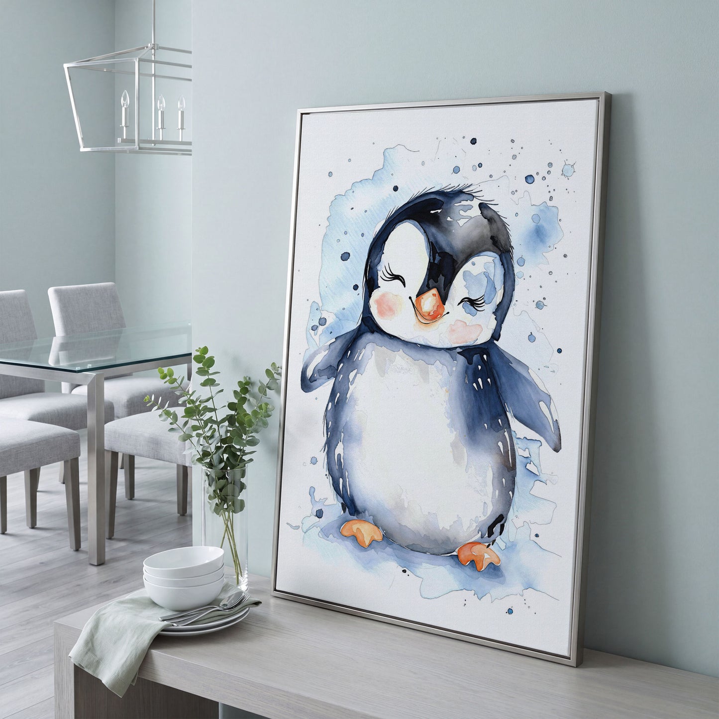 Baby Penguin Watercolor Canvas for Nursery in silver floating frame