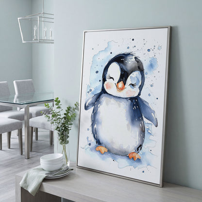 Baby Penguin Watercolor Canvas for Nursery in silver floating frame