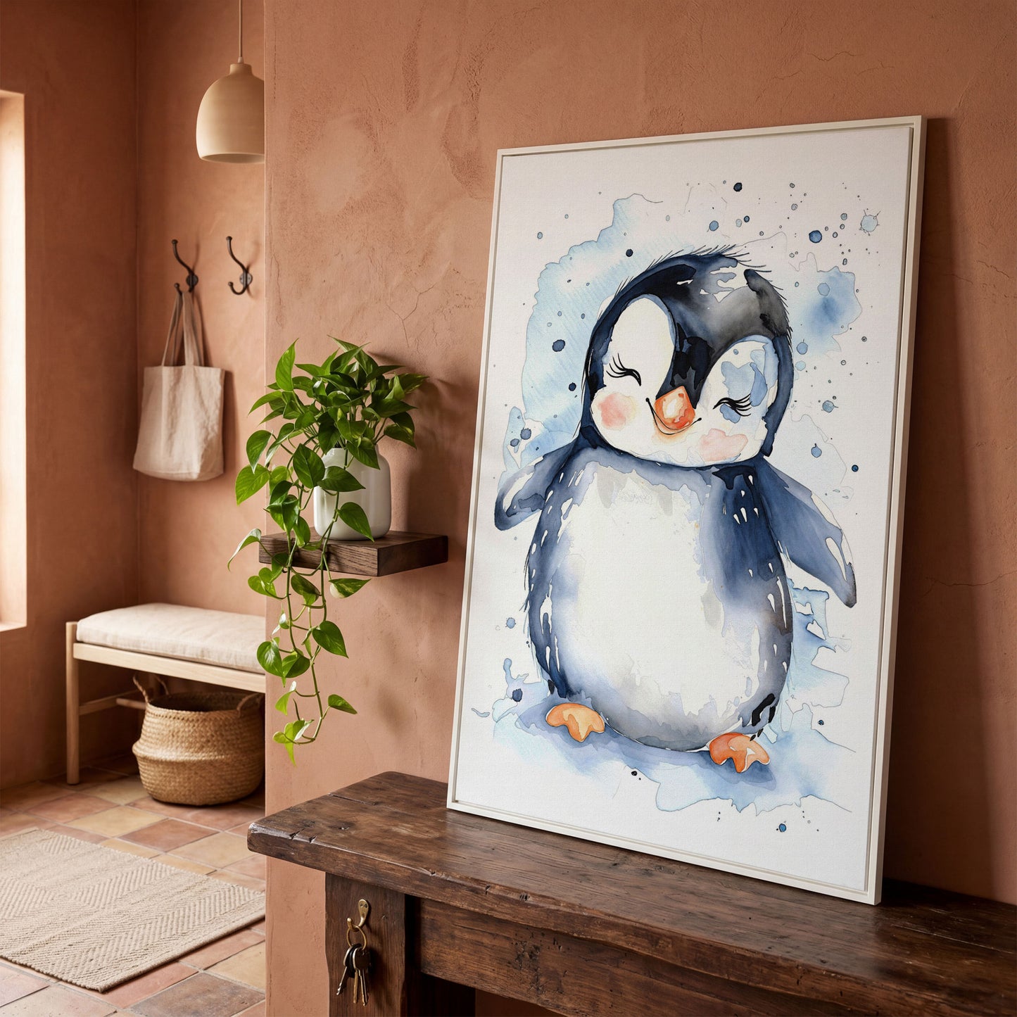 Baby Penguin Watercolor Canvas for Nursery in white floating frame